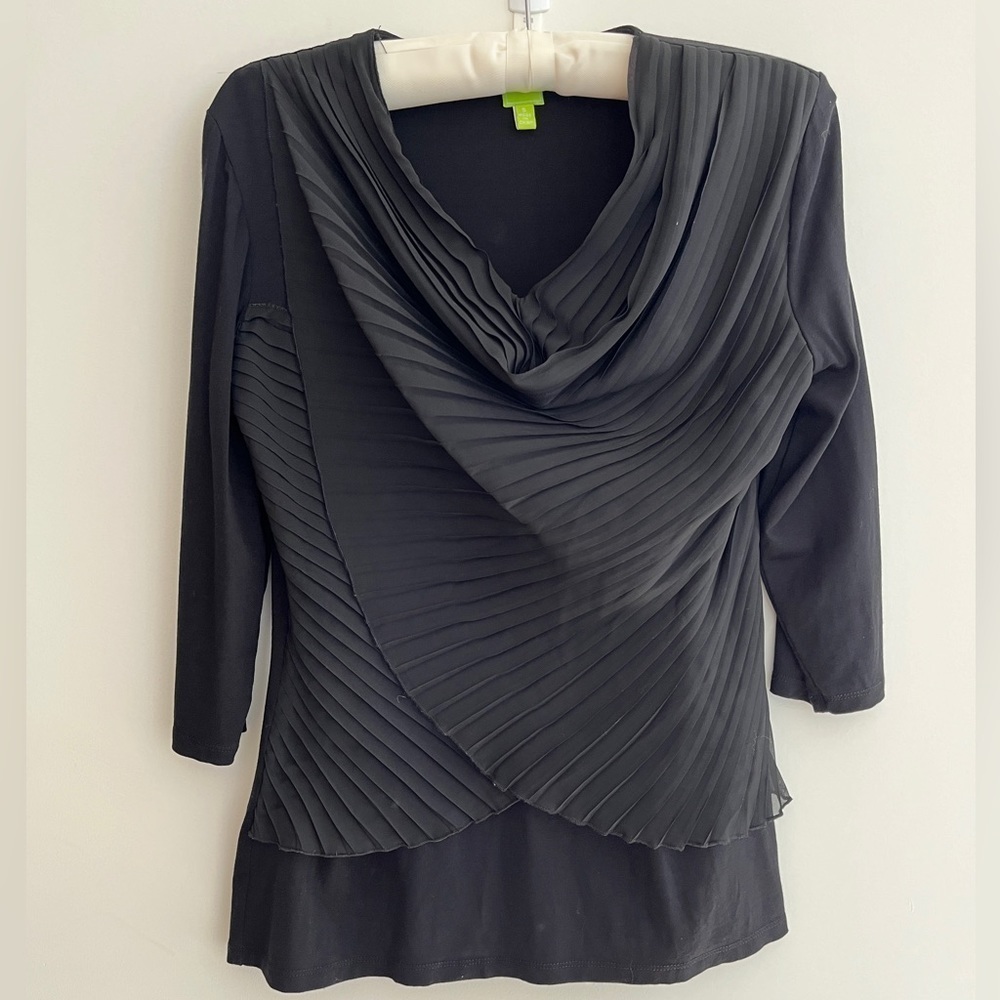 ADAM JACOBS Pleated Cross Front Black Top 3/4 Sleeve Office Occasion Travel